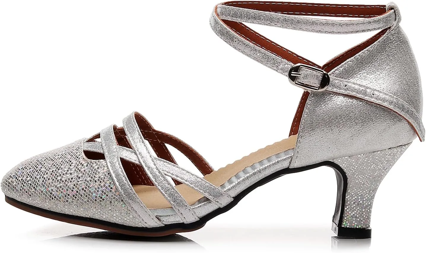 AOQUNFS Women's Glitter Latin Dance Shoes Closed Toe Latin Ballroom Dance Shoes Middle Heel,FT088A