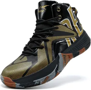 ASHION Mens Basketball Shoes High Top Sneakers Anti Slip Cushion Support Sports Shoes for Running Walking Black Gold 6.5