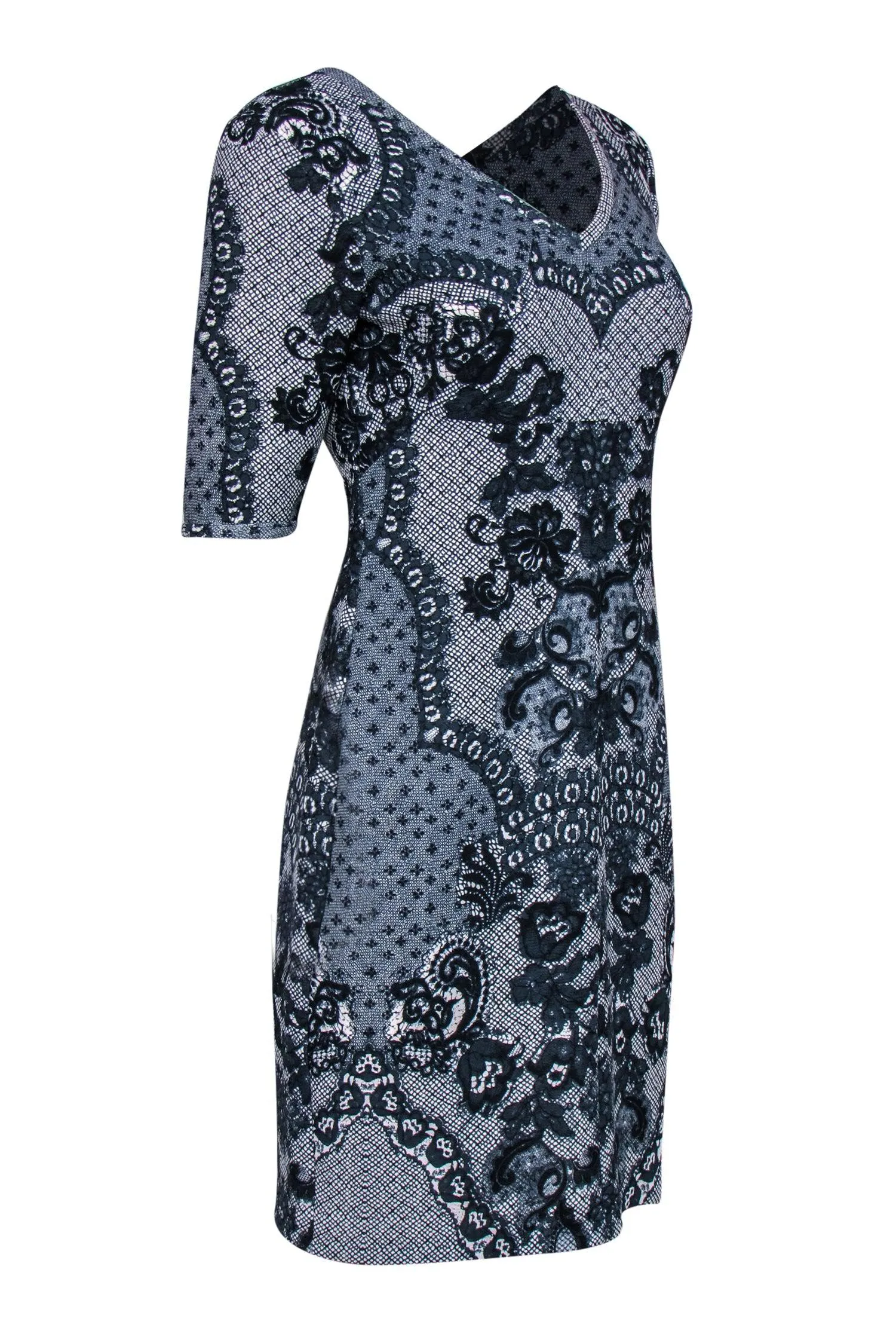 Baraschi - Navy & White Scrolled Patterned Sheath Dress Sz 4