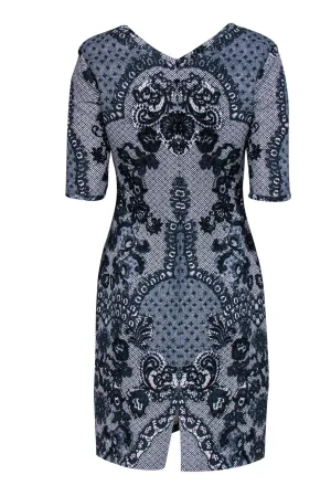 Baraschi - Navy & White Scrolled Patterned Sheath Dress Sz 4