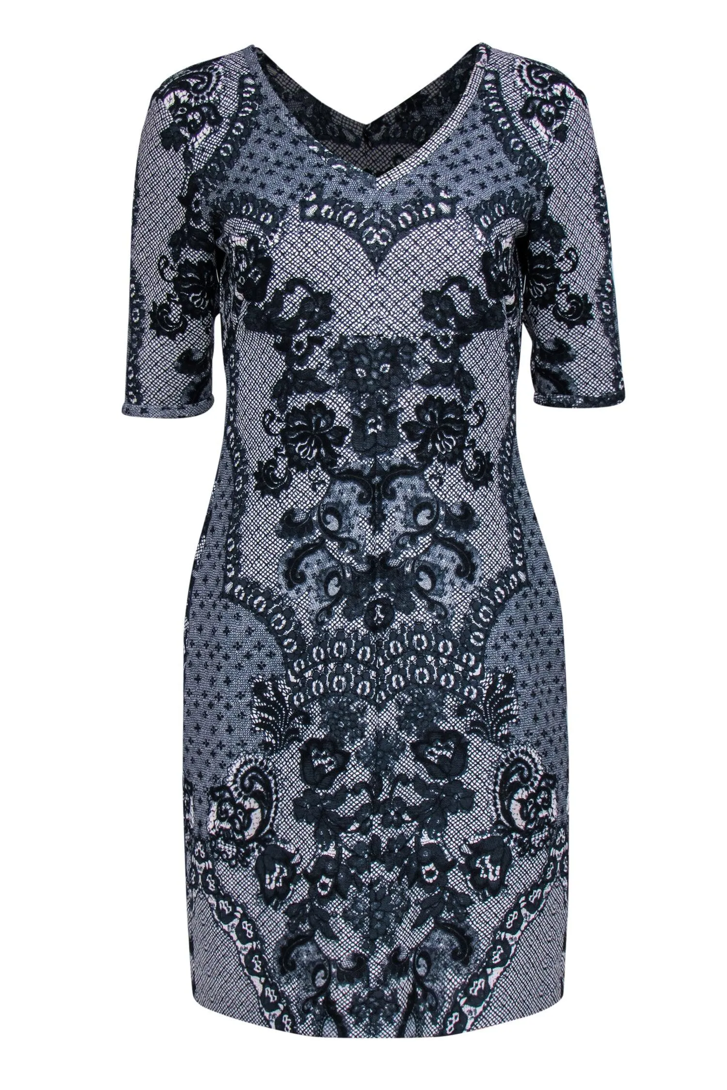 Baraschi - Navy & White Scrolled Patterned Sheath Dress Sz 4
