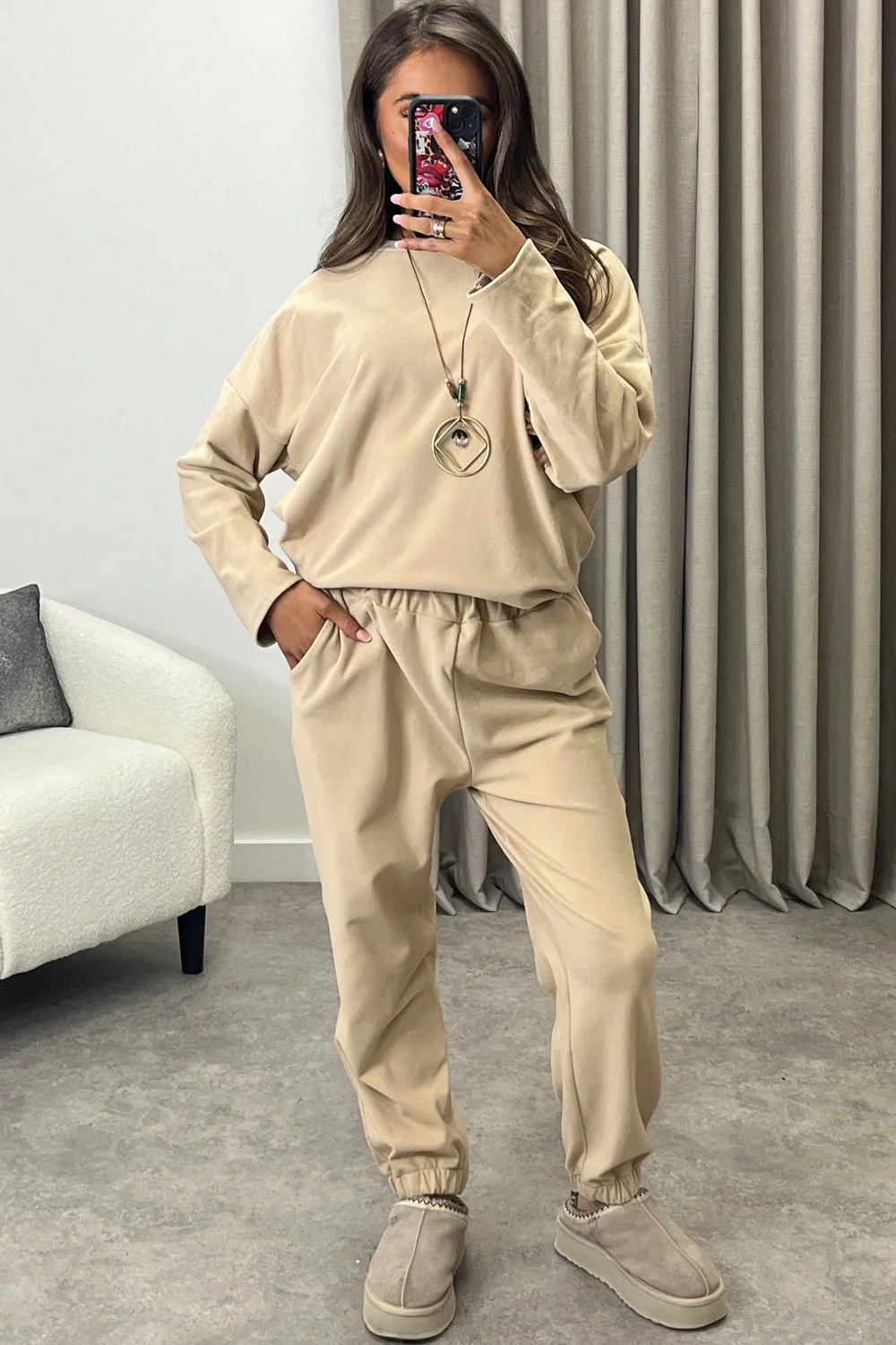 Bianey Beige Velour Necklace Jumper and Joggers Co-Ord Set