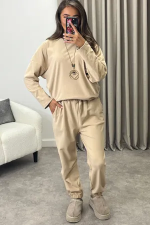 Bianey Beige Velour Necklace Jumper and Joggers Co-Ord Set
