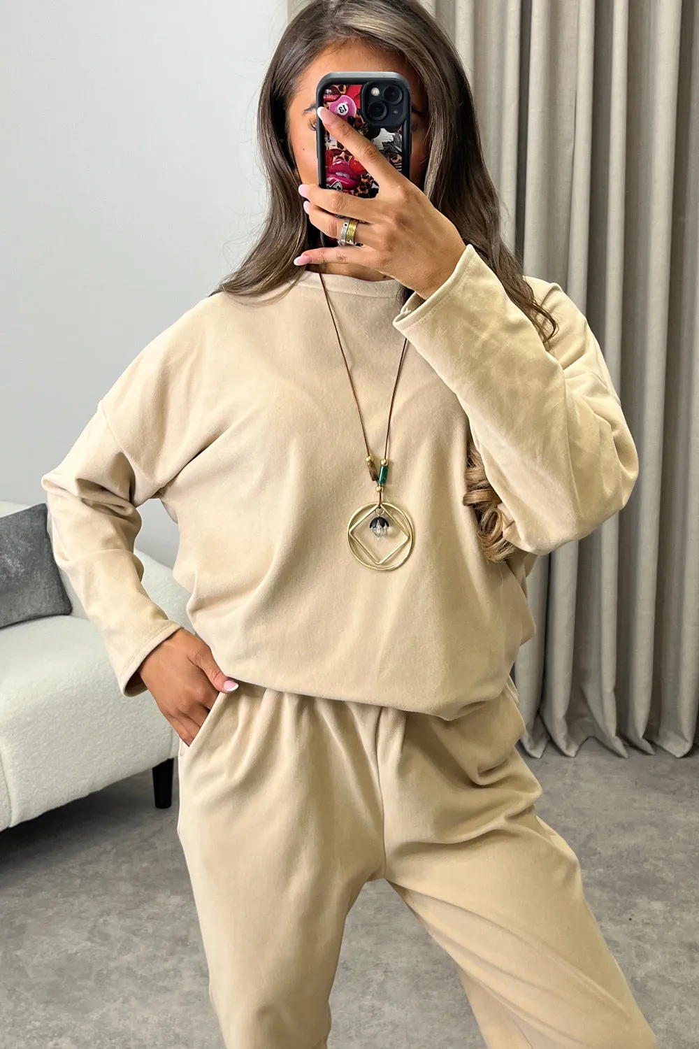 Bianey Beige Velour Necklace Jumper and Joggers Co-Ord Set