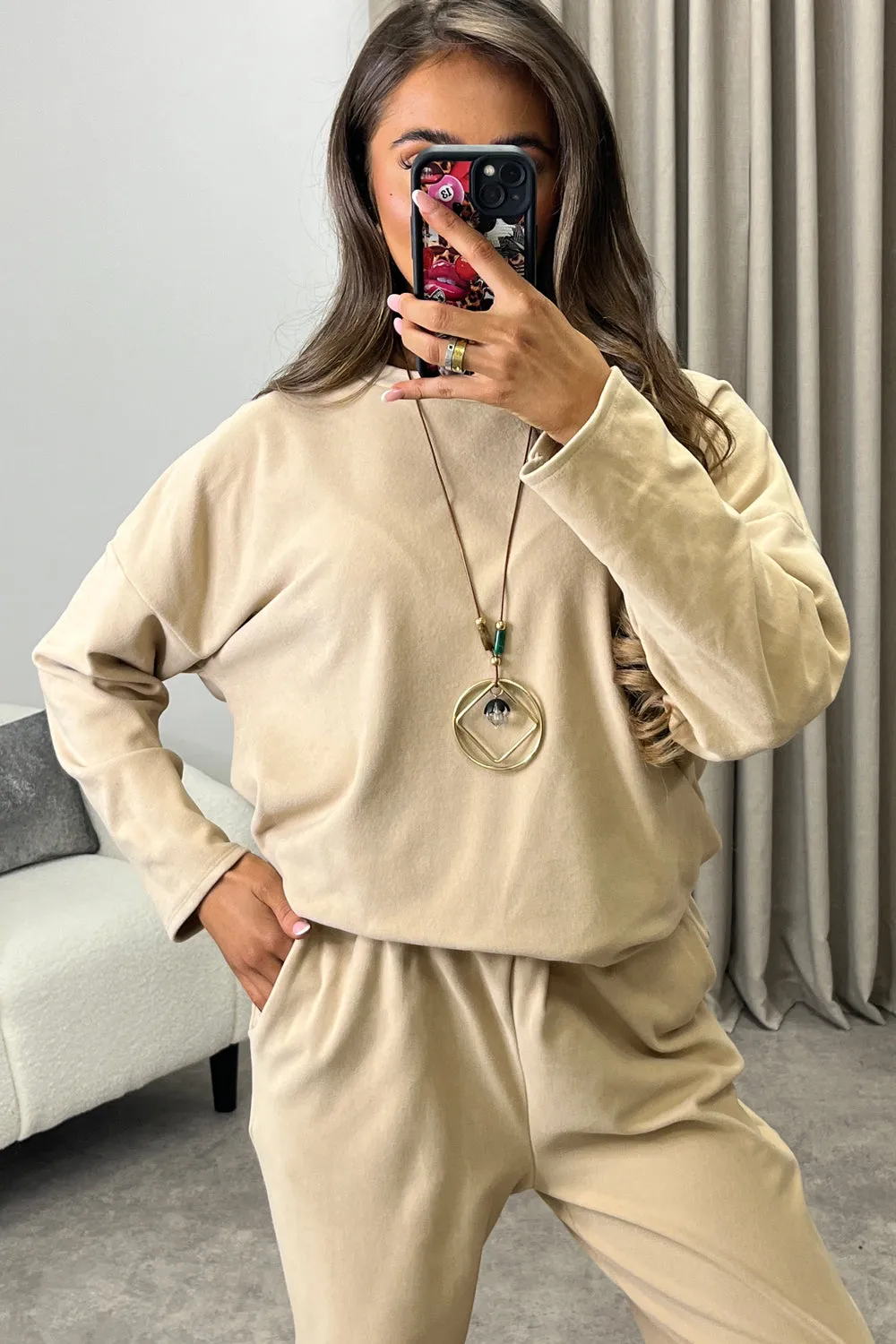 Bianey Beige Velour Necklace Jumper and Joggers Co-Ord Set