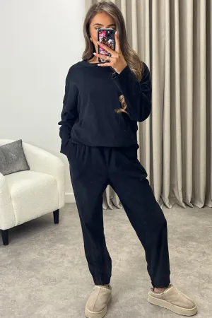 Bianey Black Velour Necklace Jumper and Joggers Co-Ord Set