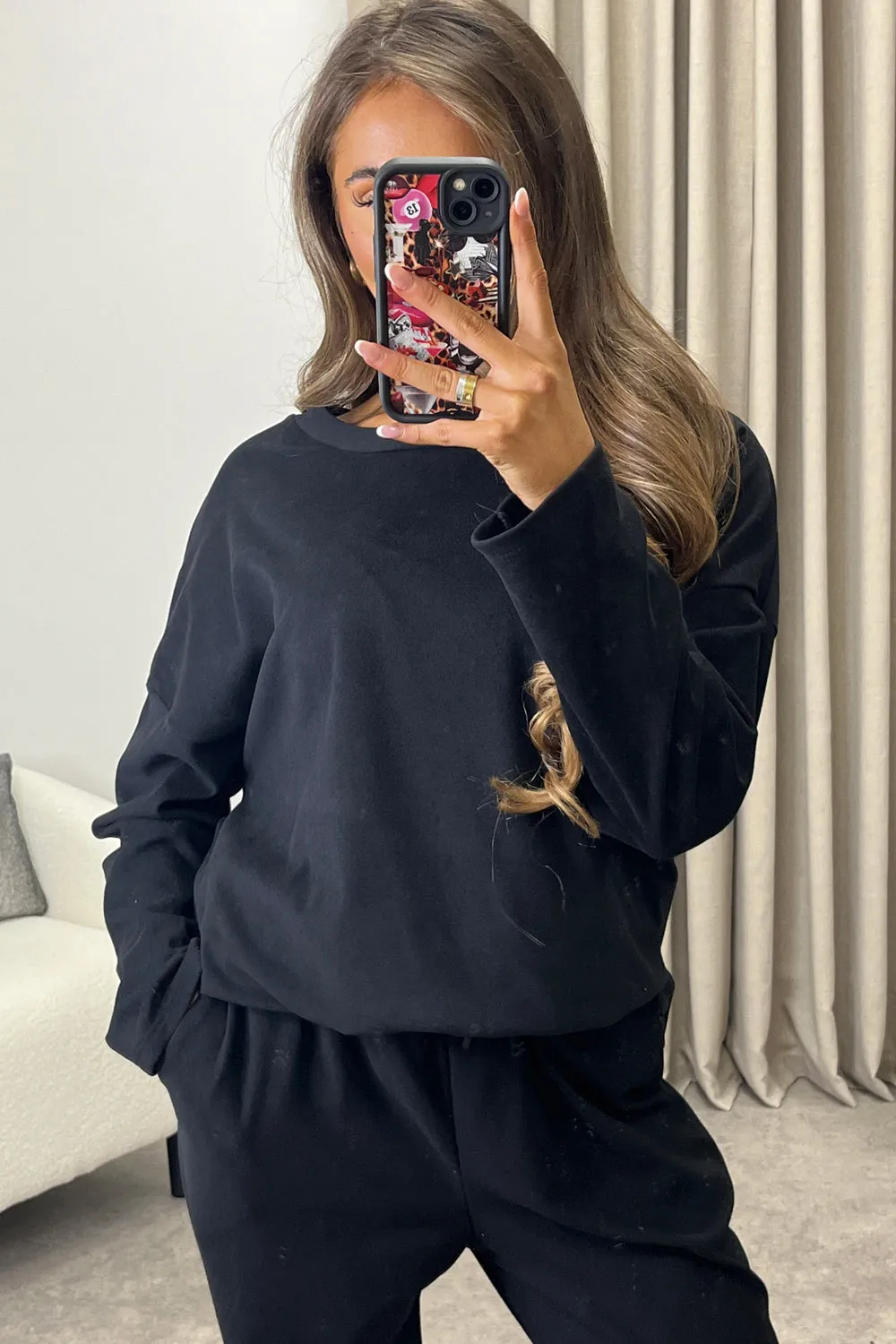 Bianey Black Velour Necklace Jumper and Joggers Co-Ord Set