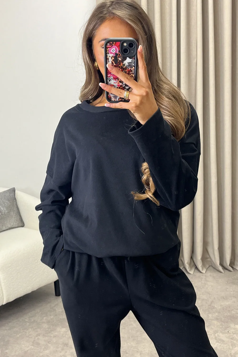 Bianey Black Velour Necklace Jumper and Joggers Co-Ord Set