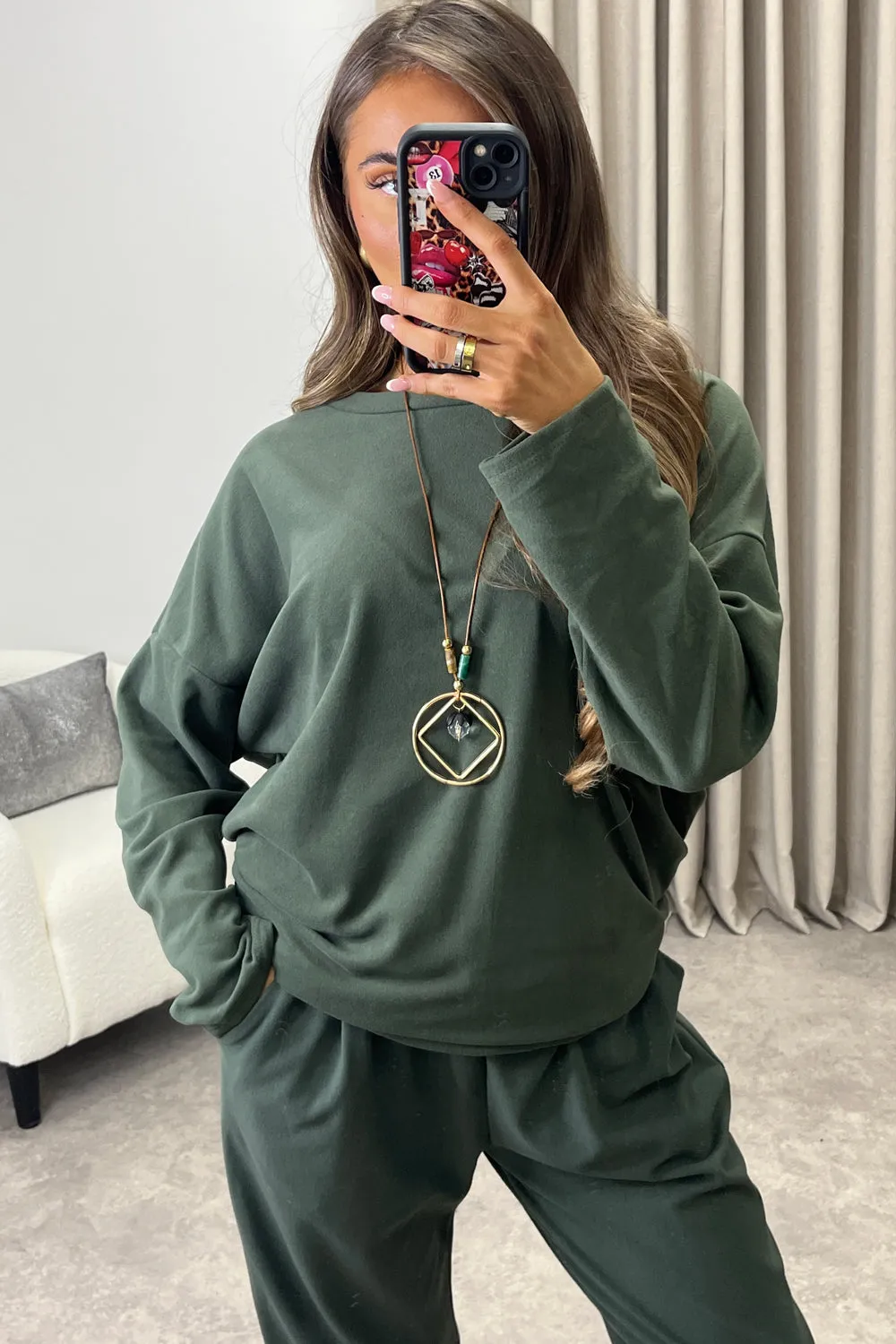 Bianey Khaki Velour Necklace Jumper and Joggers Co-Ord Set