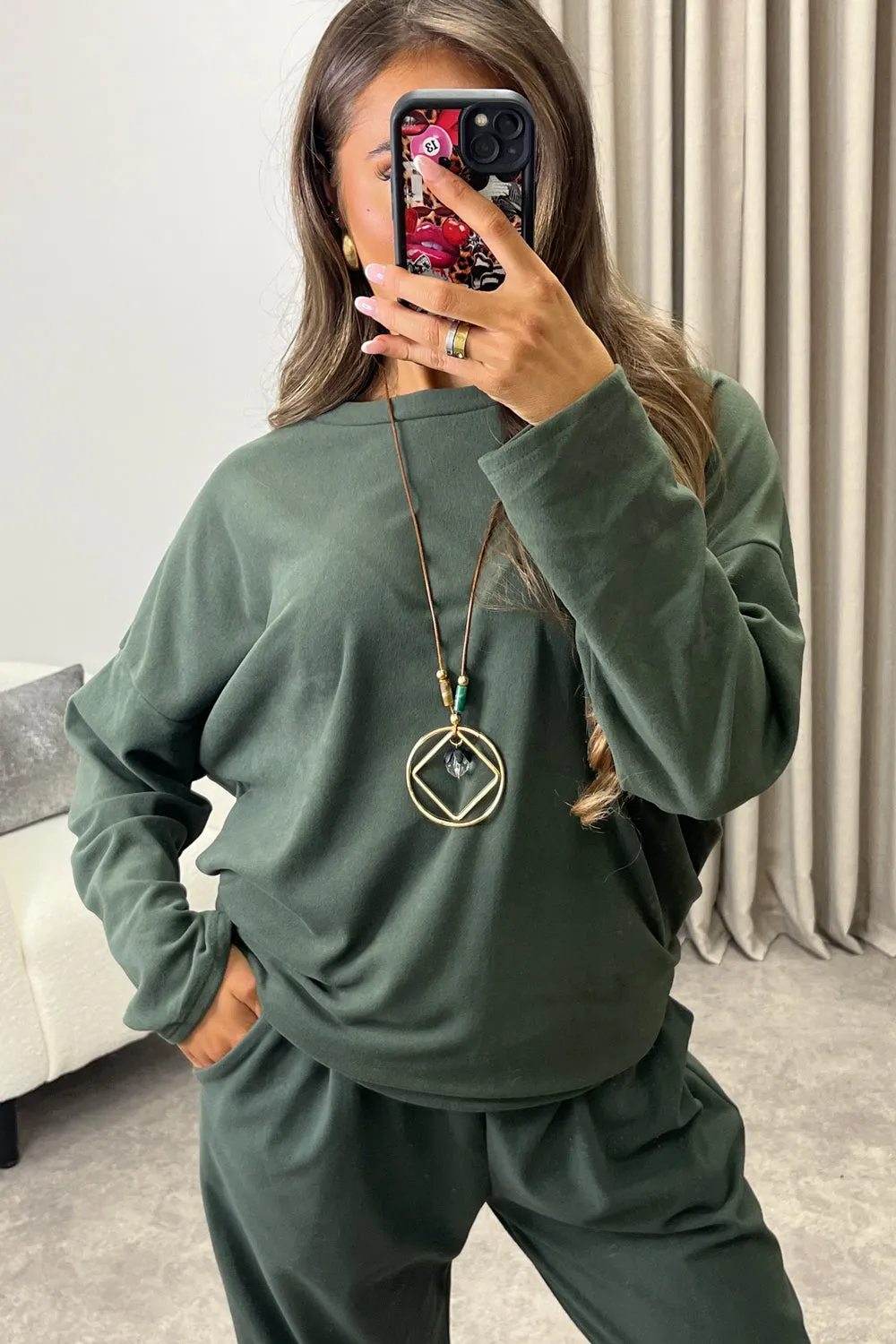 Bianey Khaki Velour Necklace Jumper and Joggers Co-Ord Set