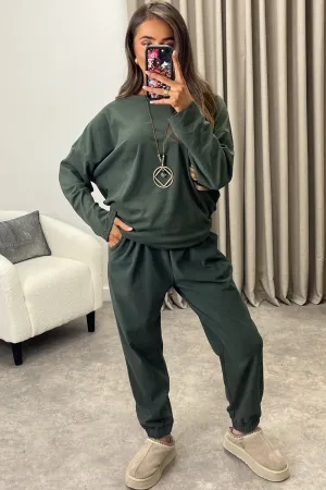 Bianey Khaki Velour Necklace Jumper and Joggers Co-Ord Set