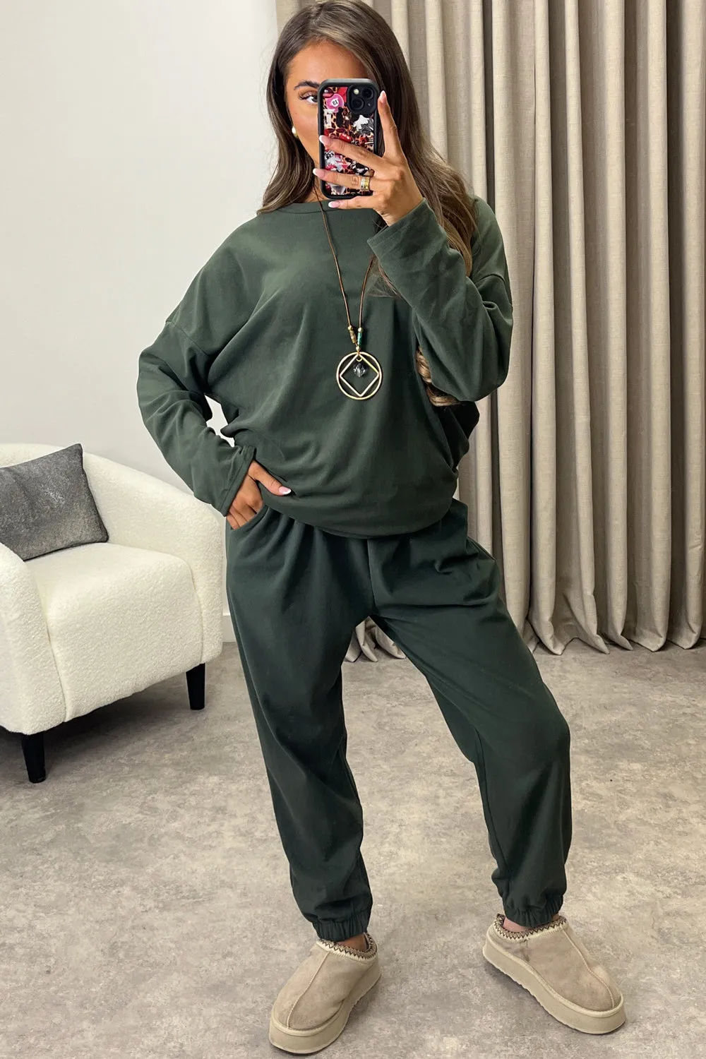 Bianey Khaki Velour Necklace Jumper and Joggers Co-Ord Set