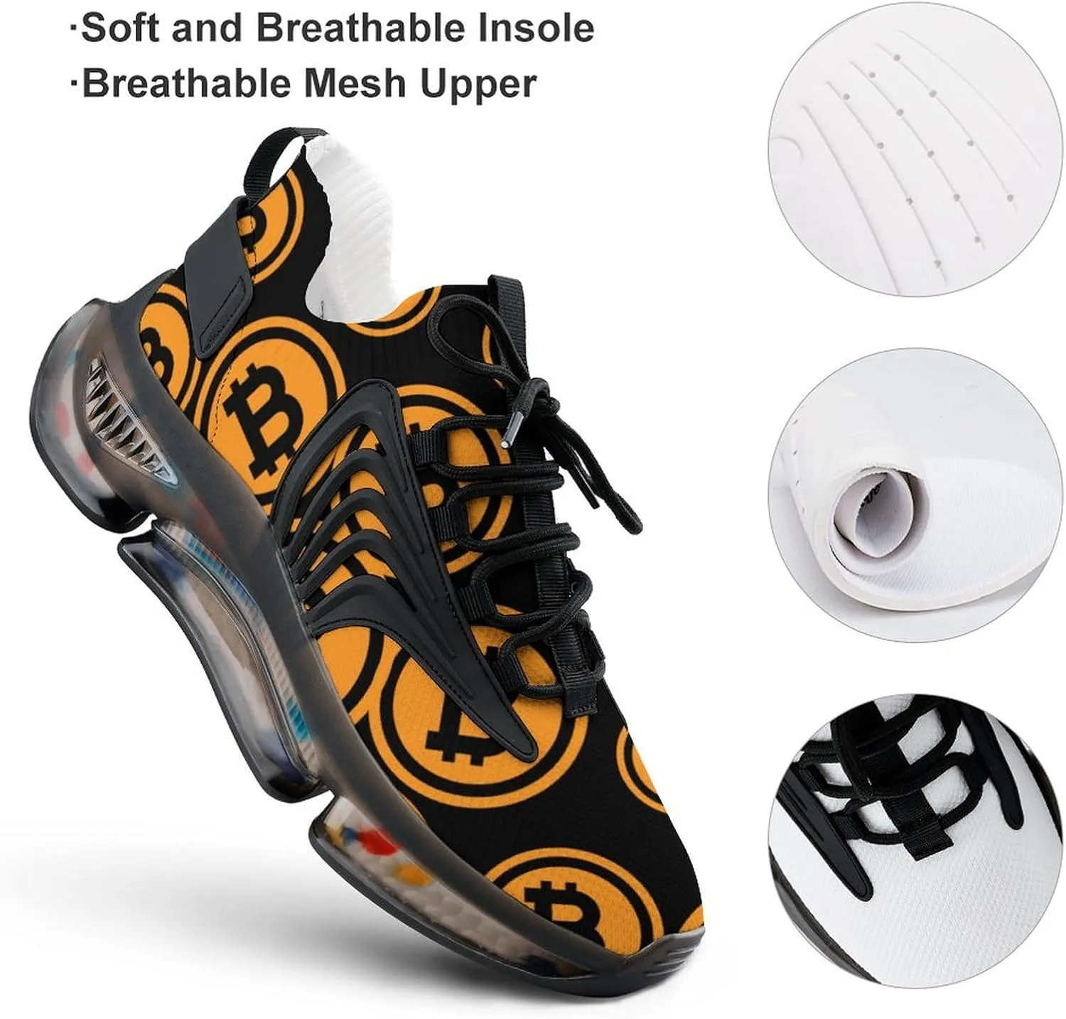 Bitcoin Logo Mens Running Shoes Lightweight Walking Tennis Shoes Soft Soled Elastic Cushion Basketball Shoes