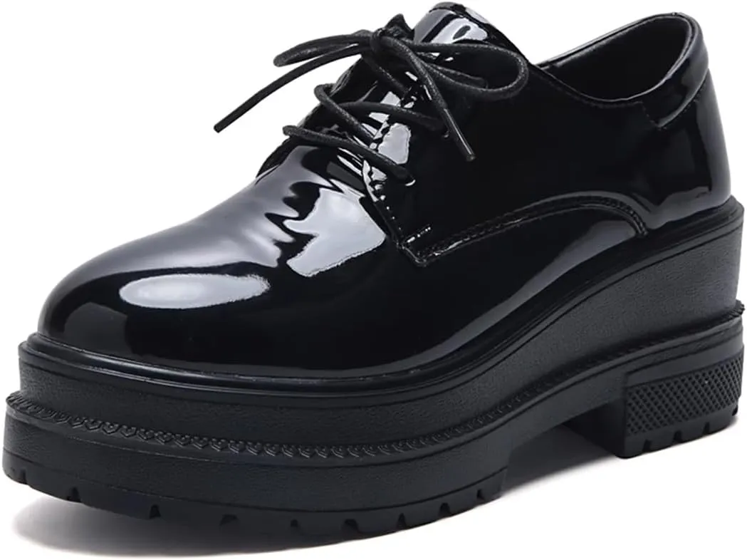 Black Wedge Increase Height Lug Sole Oxford Shoes for Women Platform Patent Leather Lace Up Platform Chunky Loafers Classic Business Casual Work Office Dress Shoes