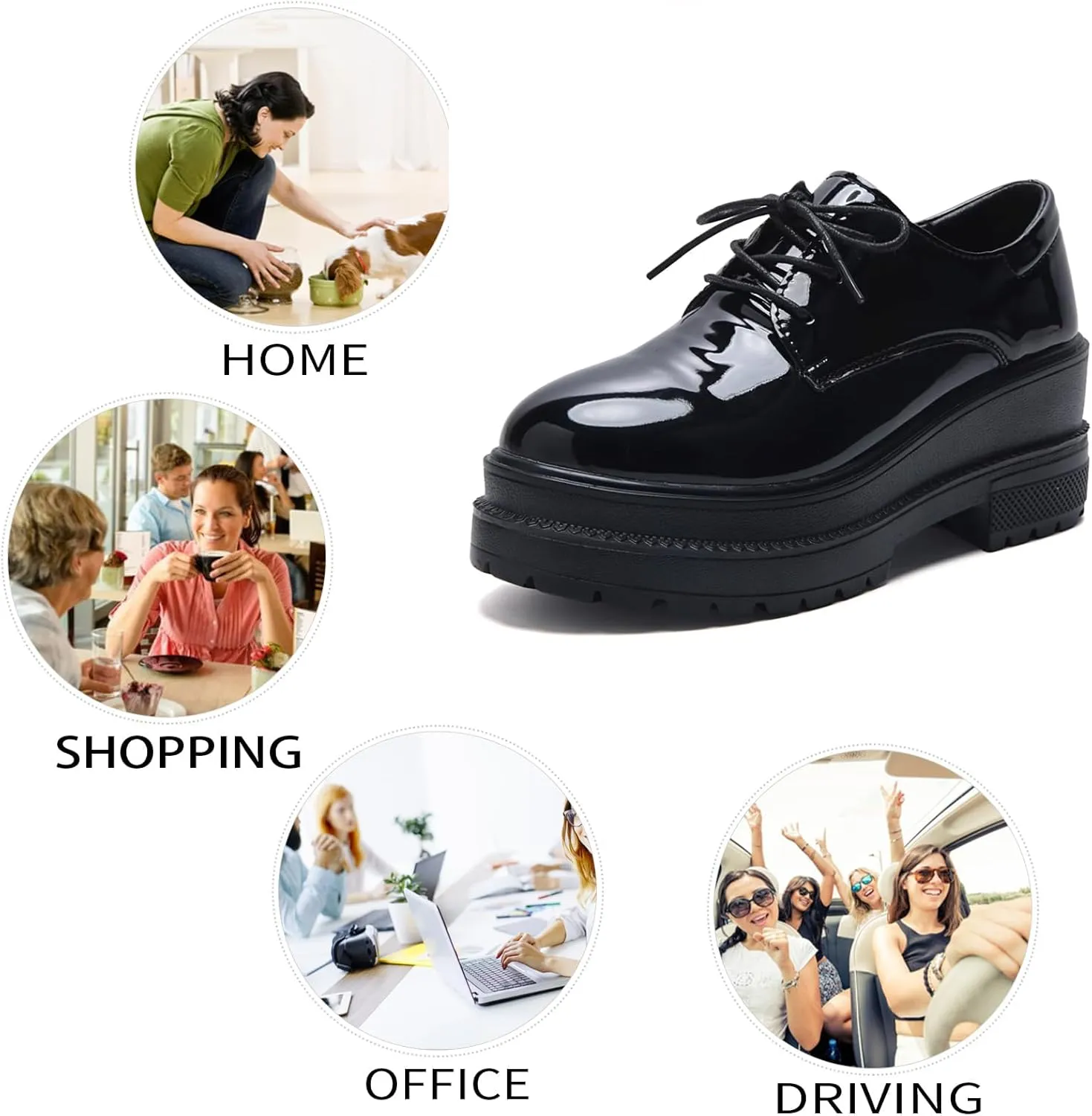 Black Wedge Increase Height Lug Sole Oxford Shoes for Women Platform Patent Leather Lace Up Platform Chunky Loafers Classic Business Casual Work Office Dress Shoes