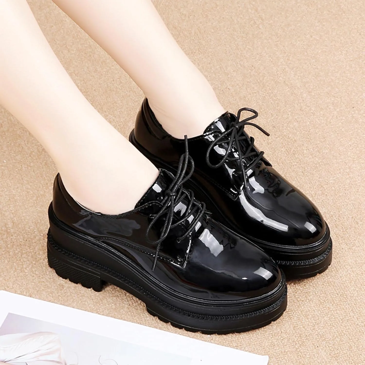 Black Wedge Increase Height Lug Sole Oxford Shoes for Women Platform Patent Leather Lace Up Platform Chunky Loafers Classic Business Casual Work Office Dress Shoes