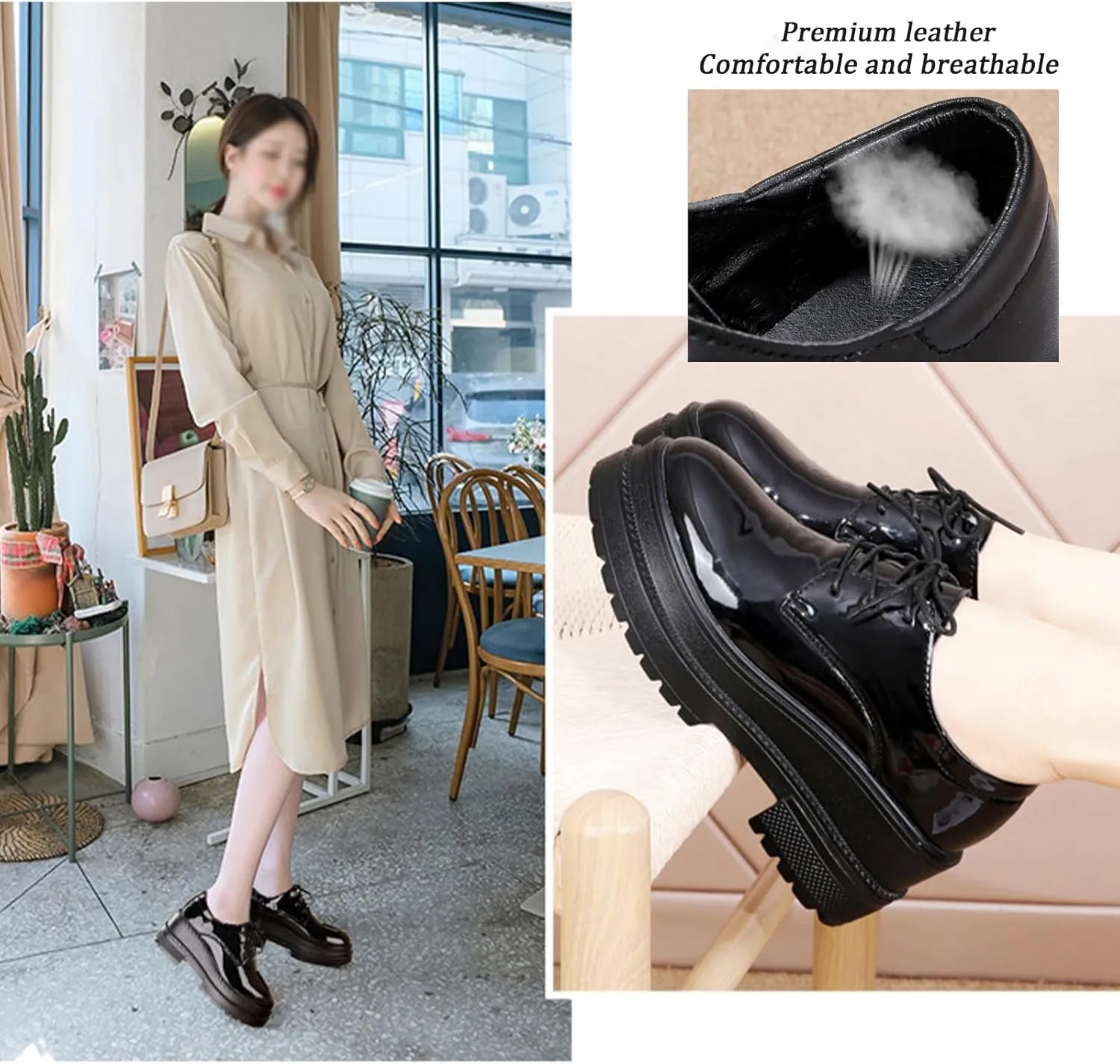Black Wedge Increase Height Lug Sole Oxford Shoes for Women Platform Patent Leather Lace Up Platform Chunky Loafers Classic Business Casual Work Office Dress Shoes