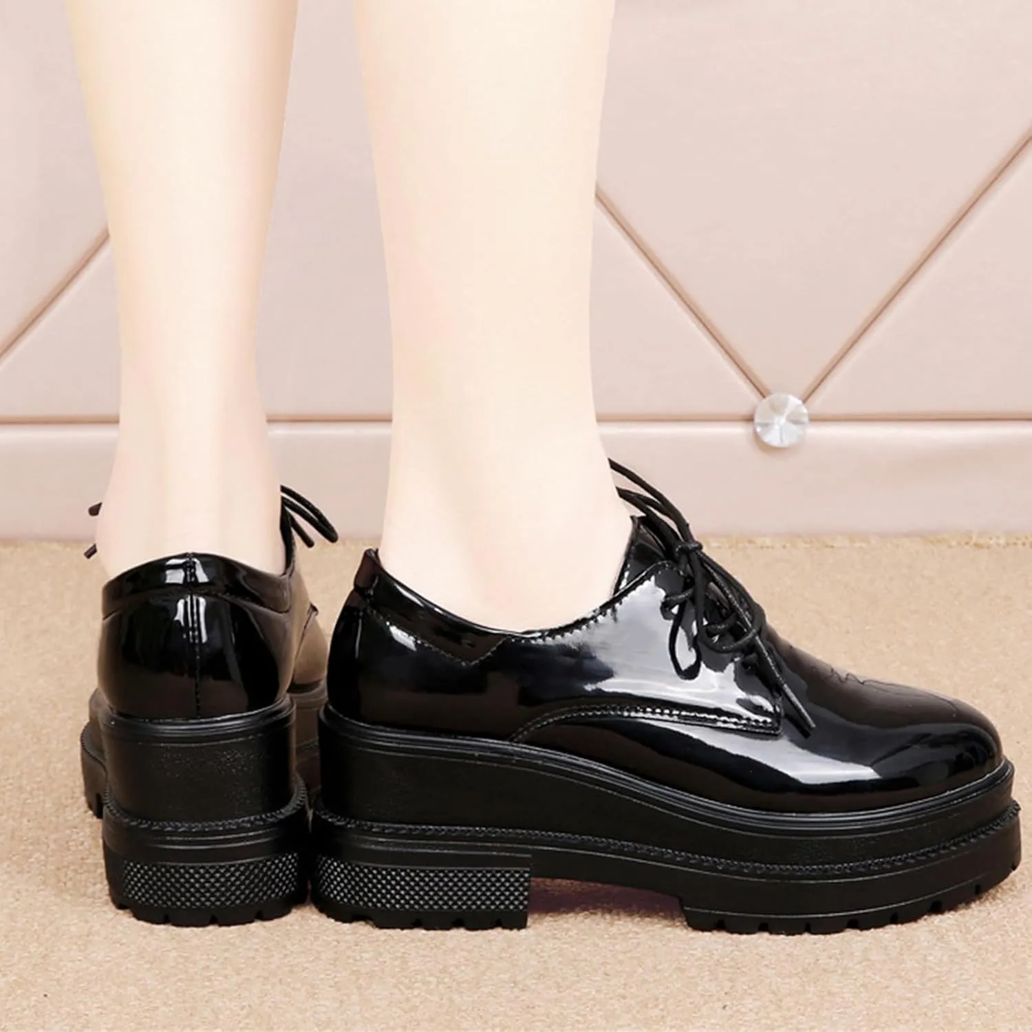 Black Wedge Increase Height Lug Sole Oxford Shoes for Women Platform Patent Leather Lace Up Platform Chunky Loafers Classic Business Casual Work Office Dress Shoes