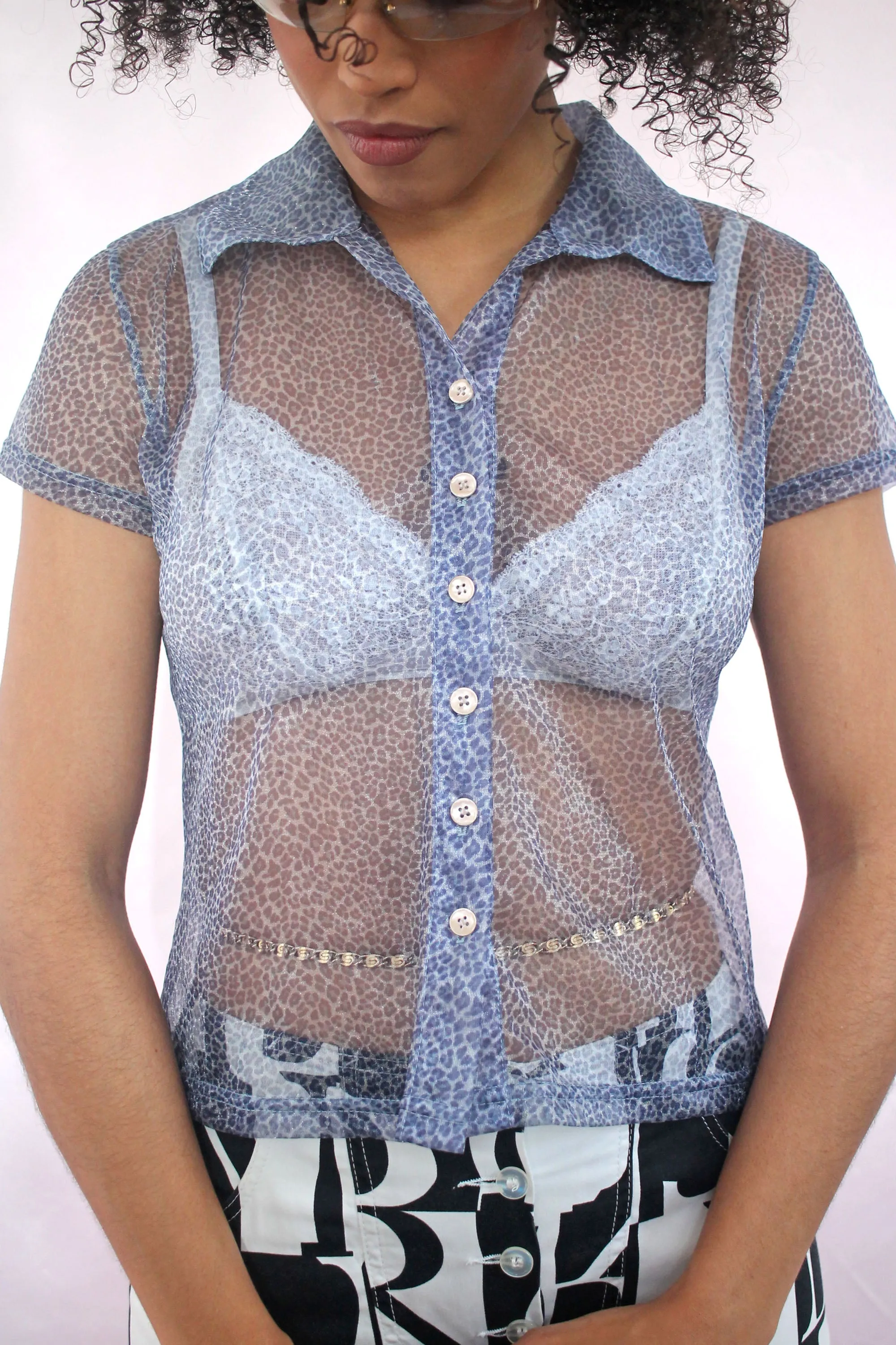 Blue Sheer Leopard Print Shirt