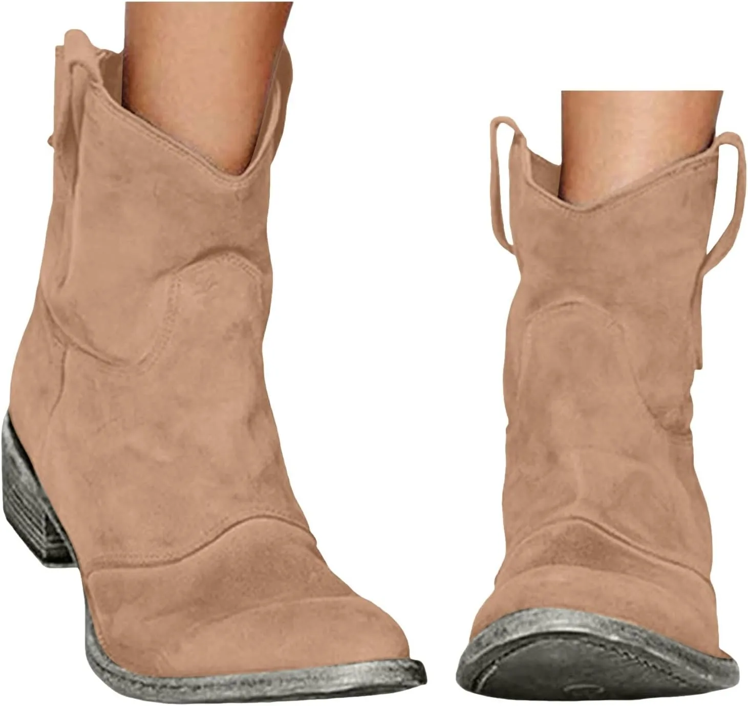 Cathalem Women's Western Cowboy Ankle Boots Low Heel Mid Calf Cowgirl Boots Slip On Round Toe Chunky Heel Fashion Retro Classic Boots Suede Back Zipper Fall Short Ankle Booties