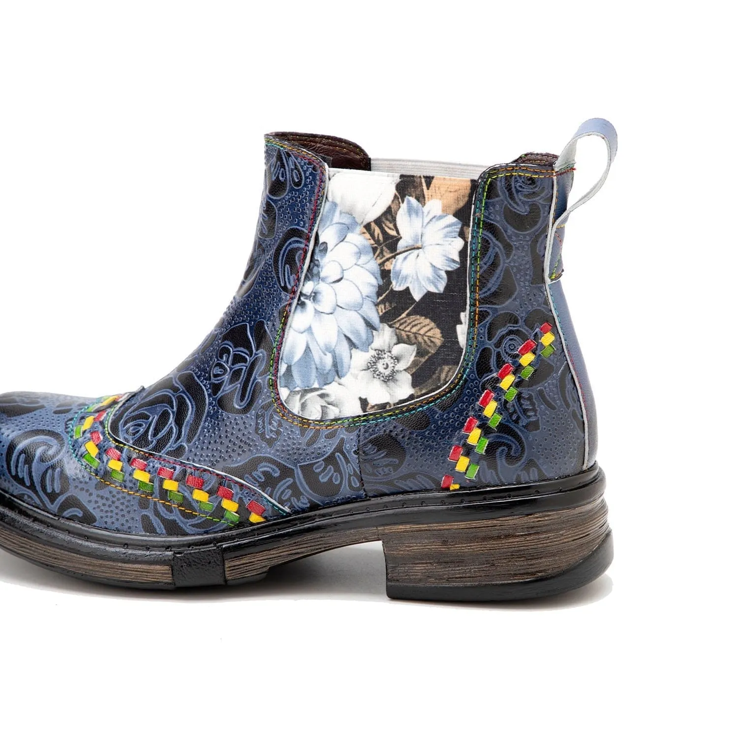 Classic Flower Embossed Chunky Heel Ankle Boots