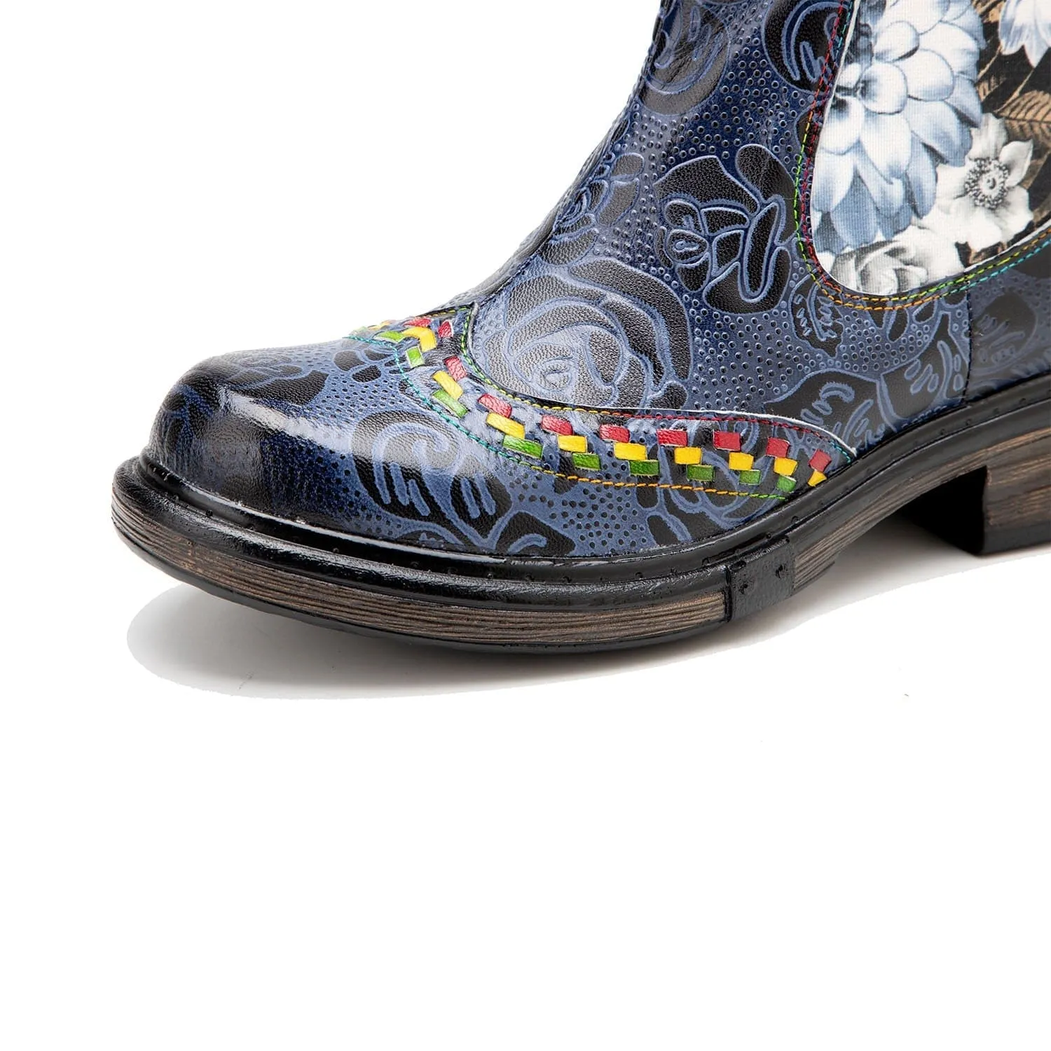 Classic Flower Embossed Chunky Heel Ankle Boots