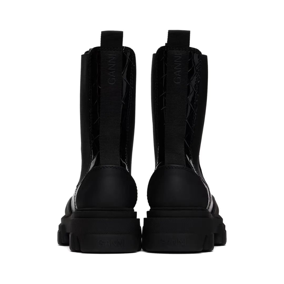 Cleated Mid Chelsea Boot Naplack Croco (Black)