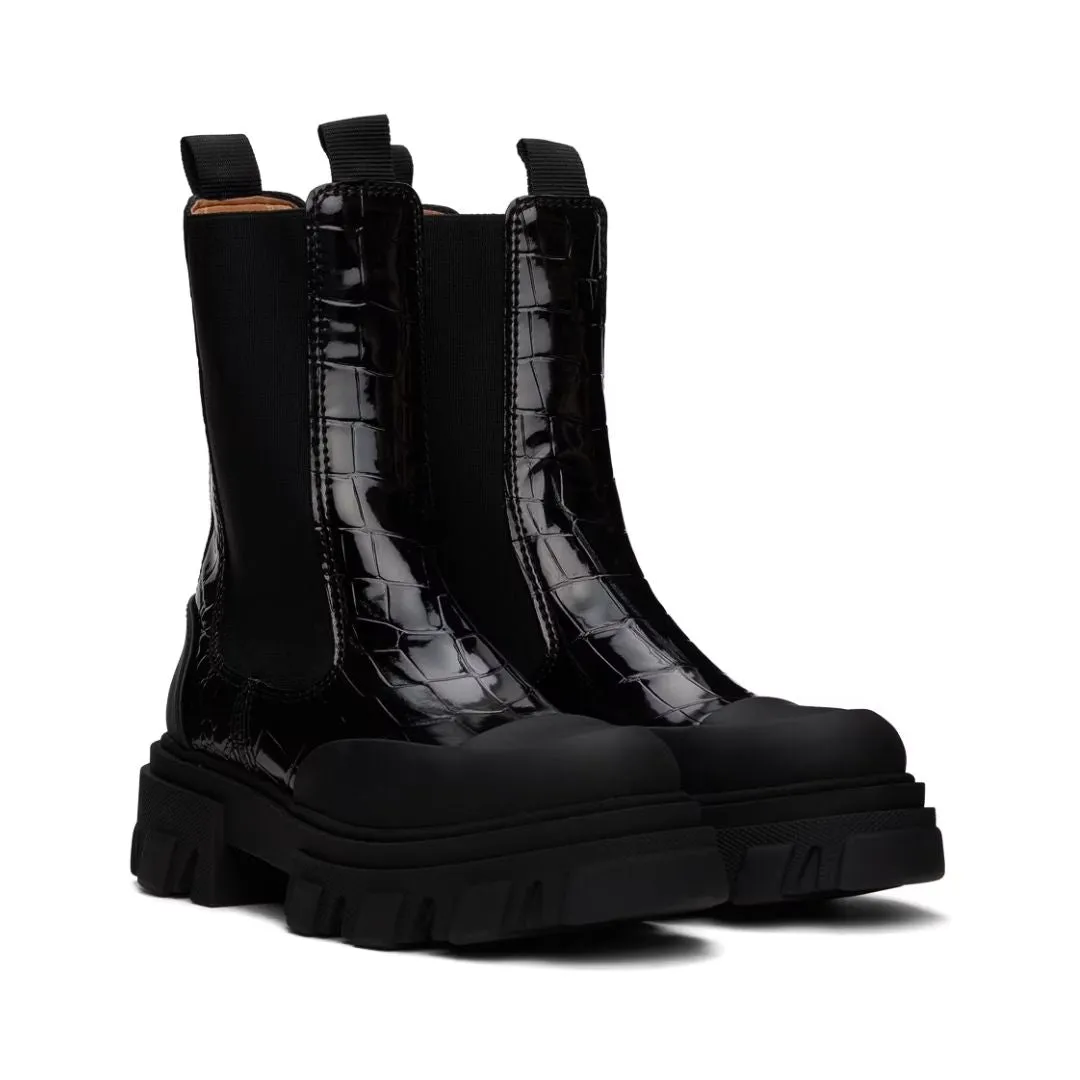 Cleated Mid Chelsea Boot Naplack Croco (Black)