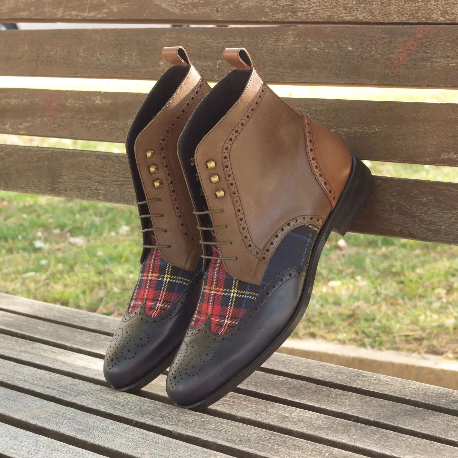 DapperFam Valiant in Tartan / Med Brown / Navy / Olive Men's Sartorial & Italian Leather Military Brogue