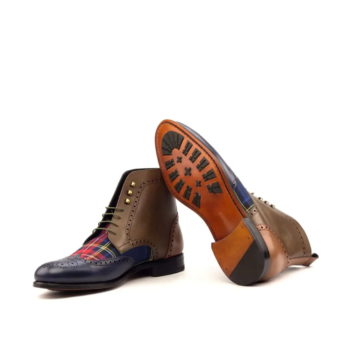 DapperFam Valiant in Tartan / Med Brown / Navy / Olive Men's Sartorial & Italian Leather Military Brogue