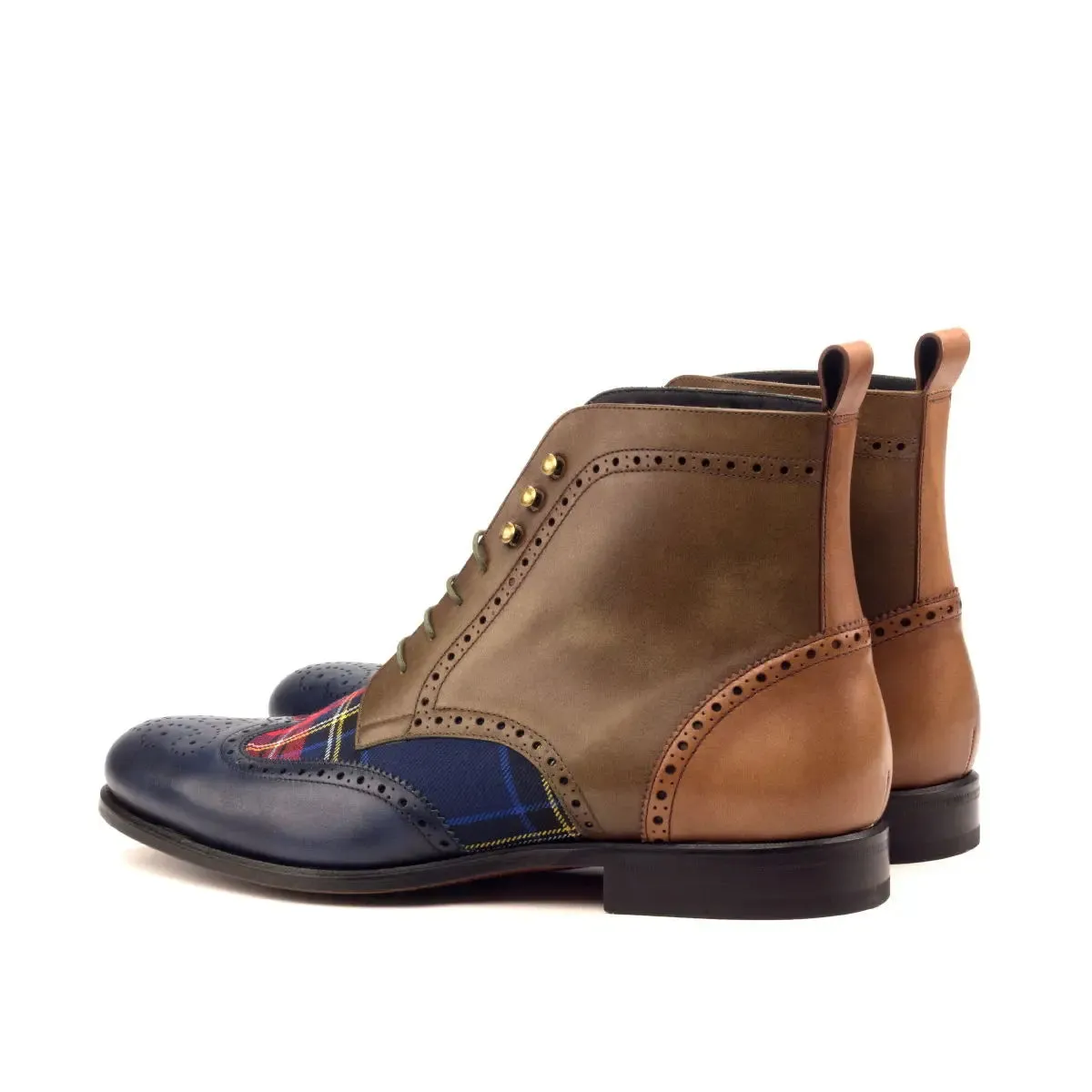DapperFam Valiant in Tartan / Med Brown / Navy / Olive Men's Sartorial & Italian Leather Military Brogue