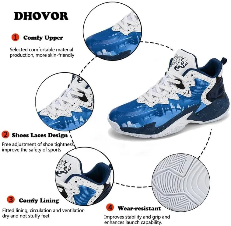 DHOVOR Boys Basketball Shoes Kids Fashion Sneakers Breathable Running Shoes for Boys Sport Tennis Shoes(Little Kid/Big Kid)