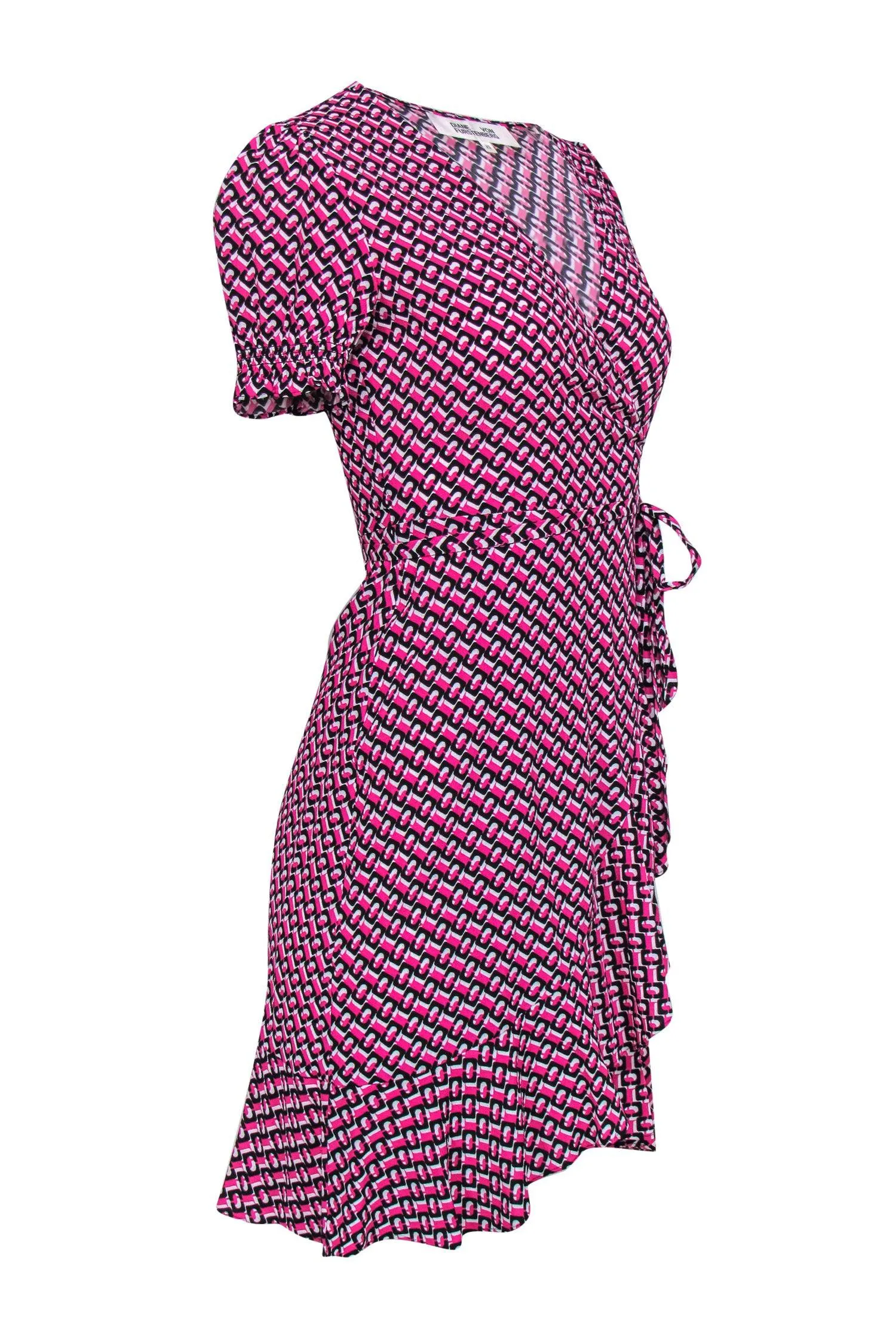 Diane von Furstenberg - Pink, Black & White Print Short Sleeve Wrap Dress Sz XS