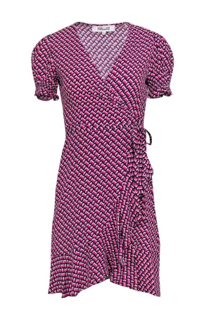 Diane von Furstenberg - Pink, Black & White Print Short Sleeve Wrap Dress Sz XS