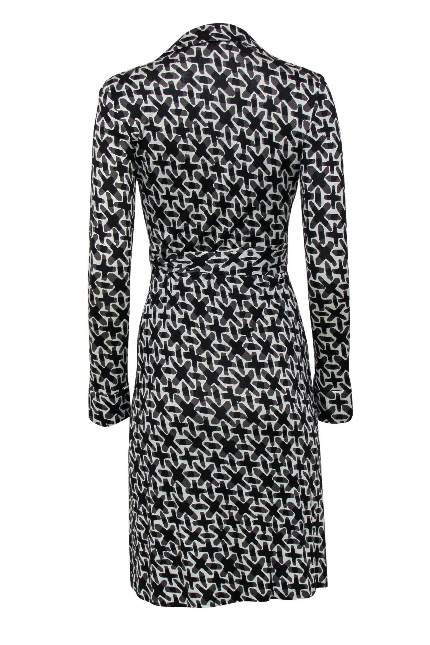 Diane von Furstenberg - White w/ Black & Grey Cross Pattern Silk Wrap Dress Sz 4