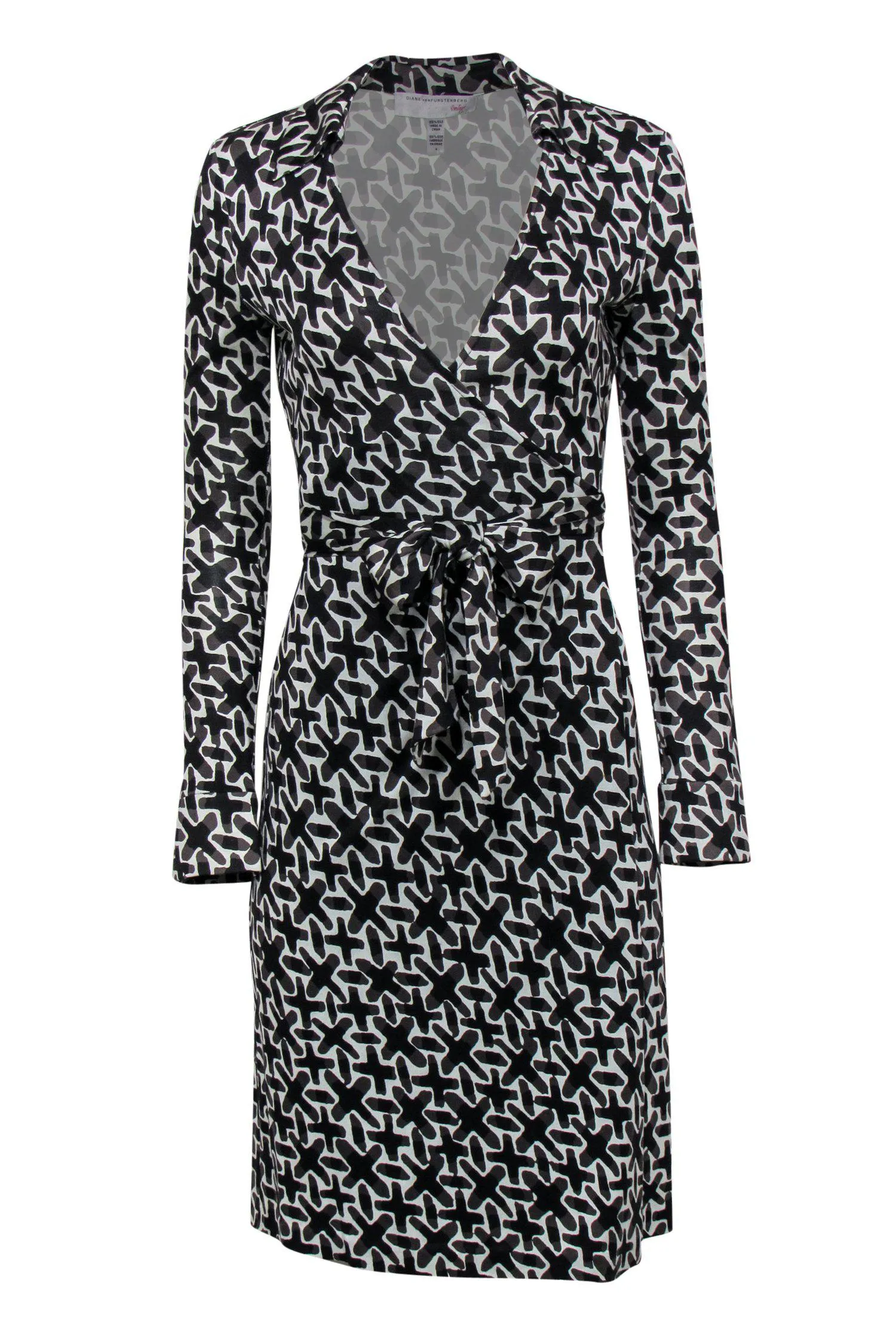Diane von Furstenberg - White w/ Black & Grey Cross Pattern Silk Wrap Dress Sz 4