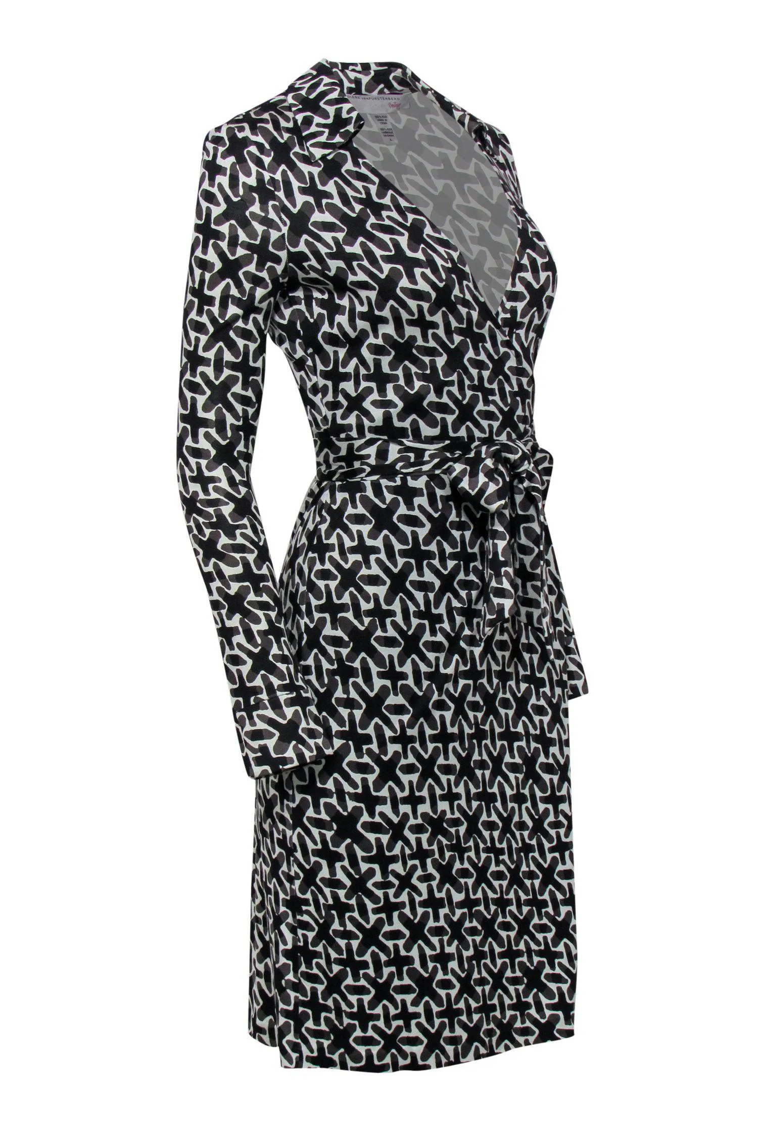 Diane von Furstenberg - White w/ Black & Grey Cross Pattern Silk Wrap Dress Sz 4