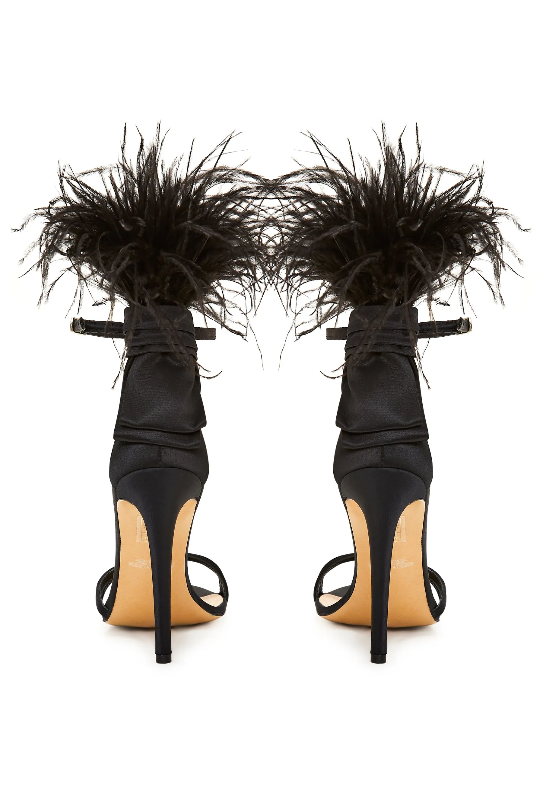 Elegant Black Feathered Ankle Strap Luxury High Heel Sandals - Black
