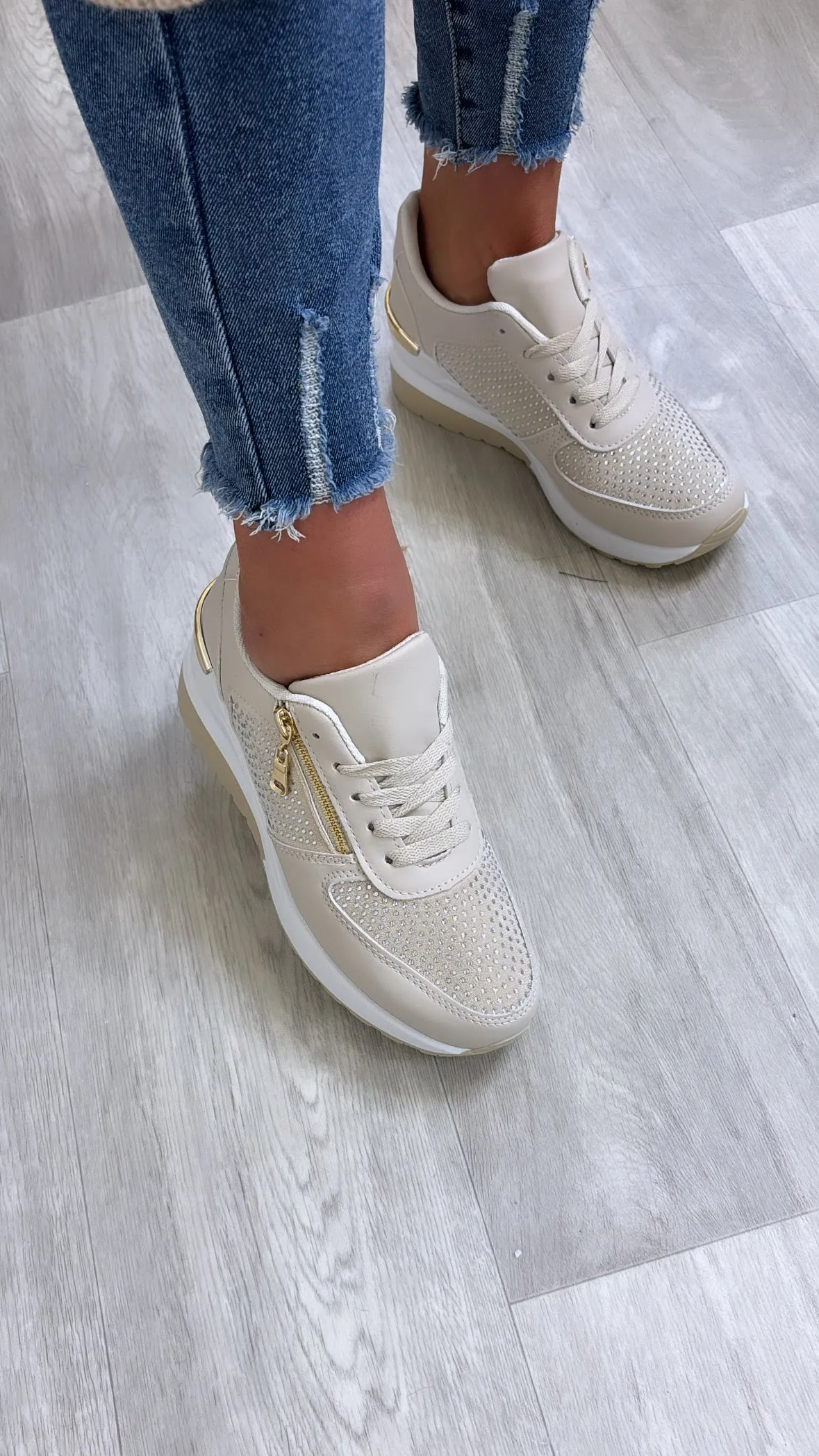 Enid Beige Zip Detail Wedge Trainers