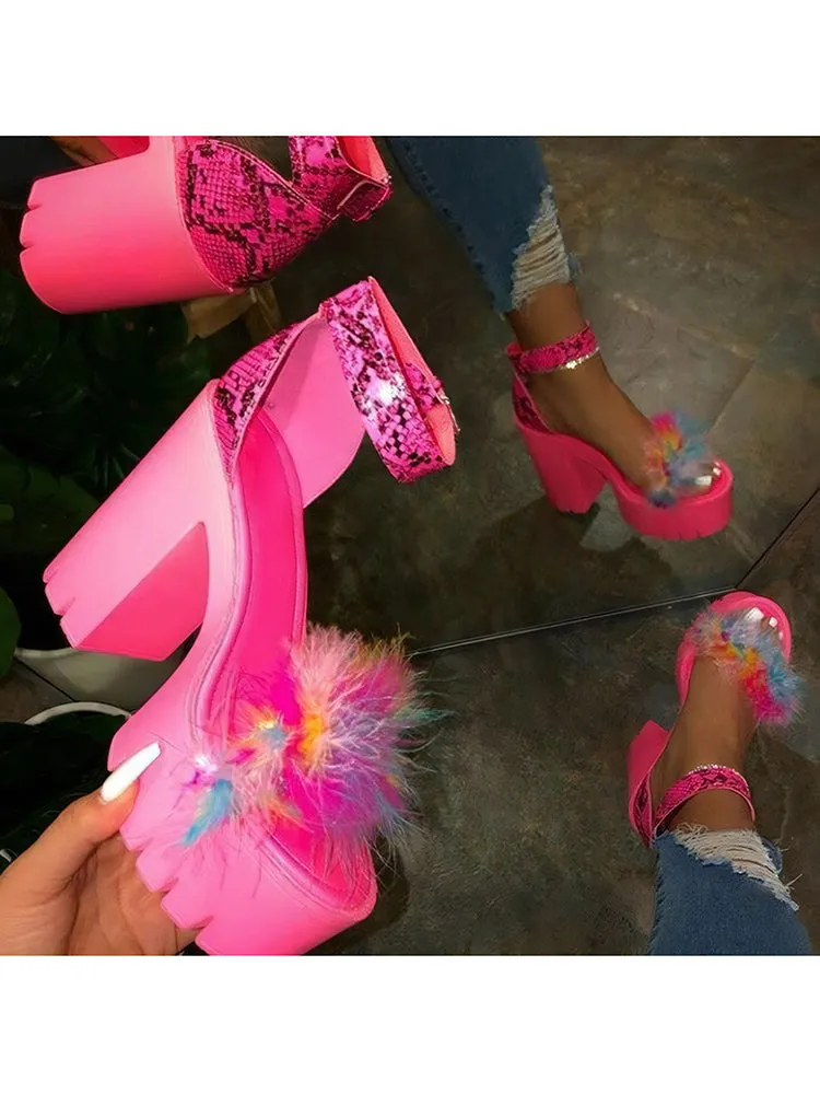 Feather Patchwork Chunky Platform Heels