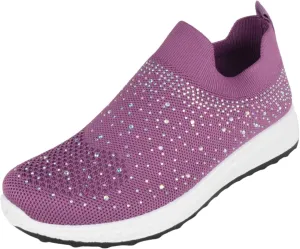 Flat Women Slip-On Sneakers Comfortable Sport Walking Running Shoes Rhinestone Bling Studs Elastic Breathable Knit Anti-Slip Resistant Labor-8