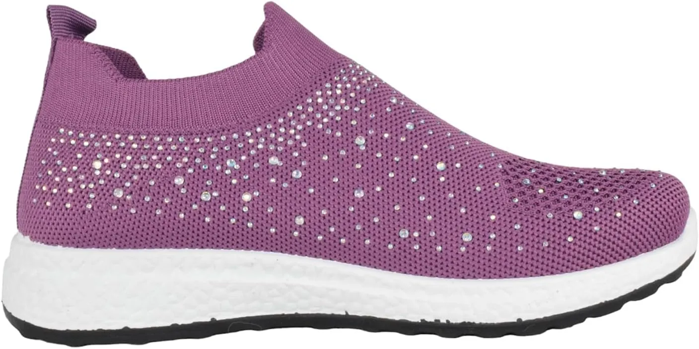Flat Women Slip-On Sneakers Comfortable Sport Walking Running Shoes Rhinestone Bling Studs Elastic Breathable Knit Anti-Slip Resistant Labor-8