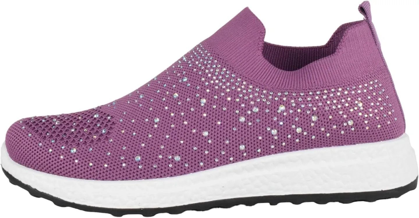 Flat Women Slip-On Sneakers Comfortable Sport Walking Running Shoes Rhinestone Bling Studs Elastic Breathable Knit Anti-Slip Resistant Labor-8