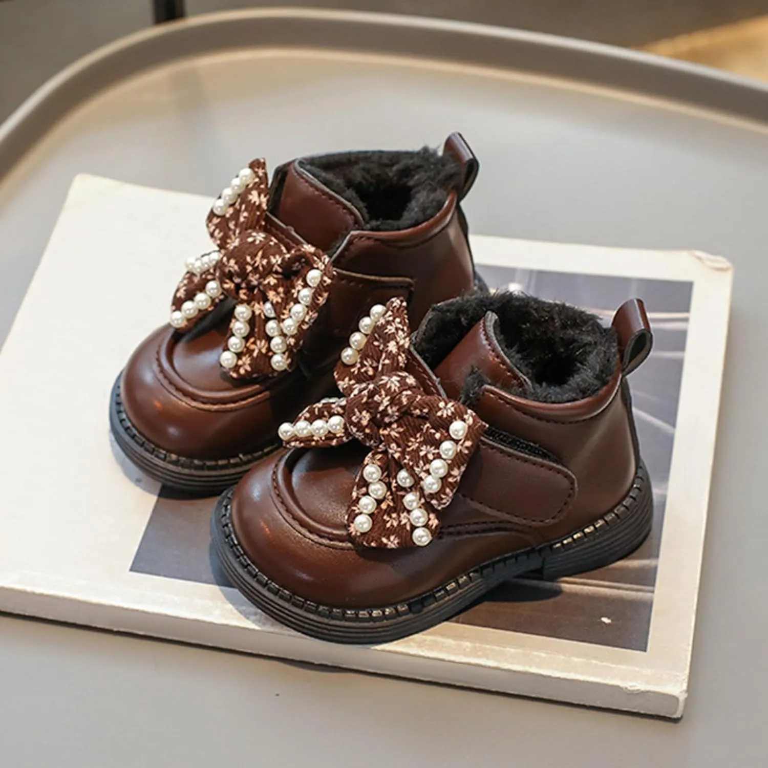 Girls Ankle Boots Sweet Bow Princess Soft Sole Flat Booties Thick Plush Soft Sole Leather Non Slip Walking Shoes