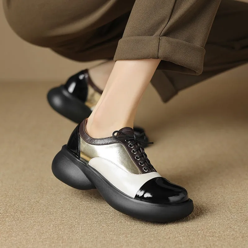 Handmade Cow Leather Color Blocking Mid Heel Loafers For Women in Golden/Silver