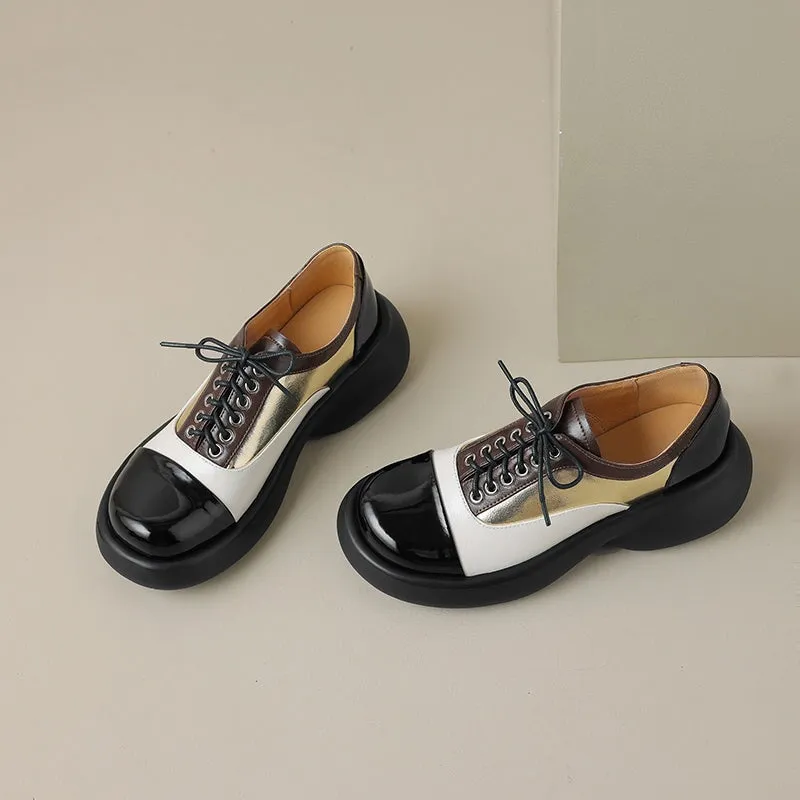 Handmade Cow Leather Color Blocking Mid Heel Loafers For Women in Golden/Silver