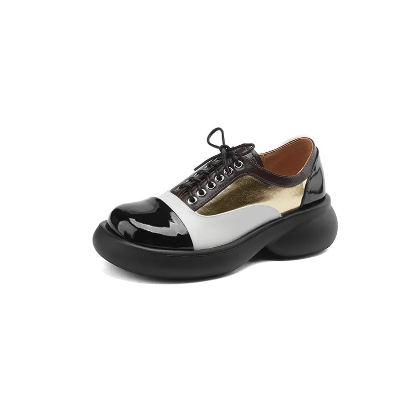 Handmade Cow Leather Color Blocking Mid Heel Loafers For Women in Golden/Silver