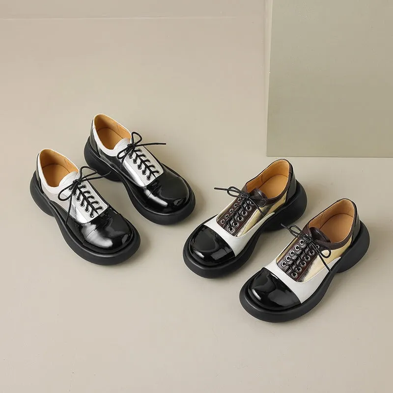 Handmade Cow Leather Color Blocking Mid Heel Loafers For Women in Golden/Silver