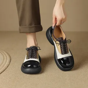 Handmade Cow Leather Color Blocking Mid Heel Loafers For Women in Golden/Silver