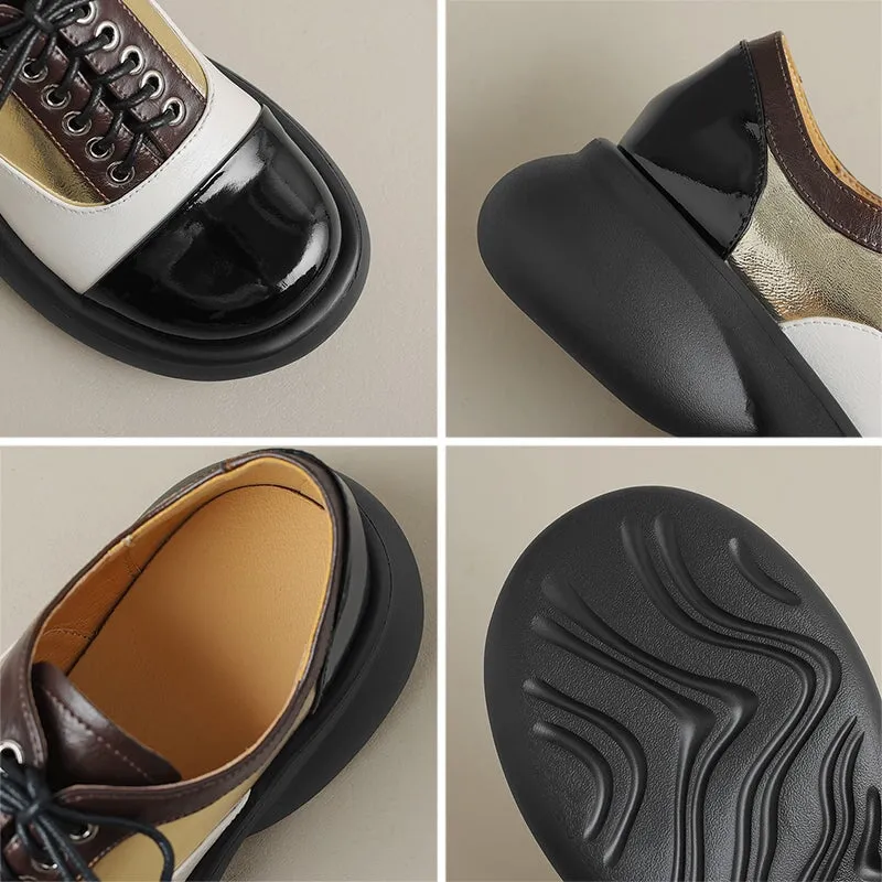 Handmade Cow Leather Color Blocking Mid Heel Loafers For Women in Golden/Silver